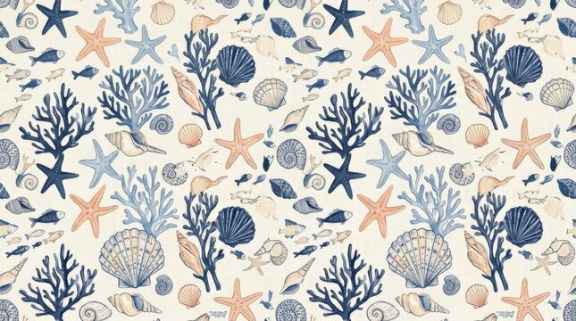 Seamless coastal pattern of starfish, shells, coral branches and small fish in navy, powder blue, peach and cream, hand-painted botanical-style illustration, delicate texture and playful seaside