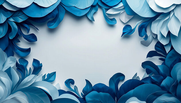 3D Paper Cut Abstract Blue Floral and Feather Layered Frame Background with Copy Space