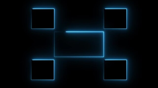 Blue neon glowing square frames pulsing and drawing animation on black background, futuristic interface elements for digital technology video