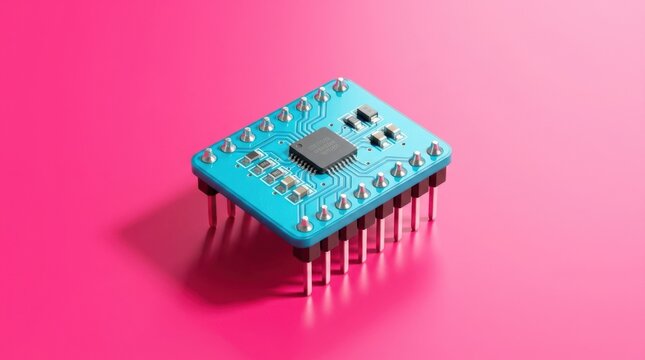 Minimal microchip module with metallic pins and tiny components arranged on a vivid hot-pink surface, high-end 3D product render, cyan-blue circuit board with silver accents, clean top-down oblique