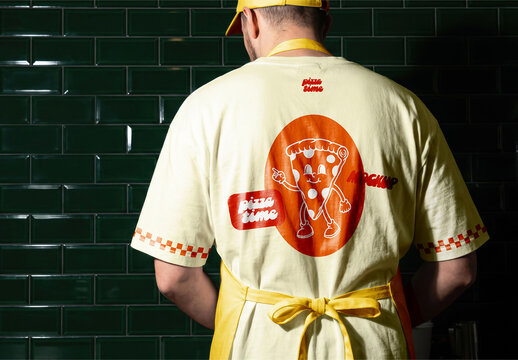 Back T-Shirt Print with Apron in Pizzeria Mockup
