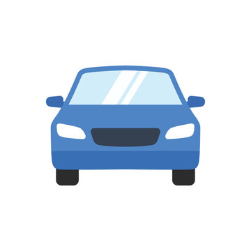 Blue car front view vector icon. Flat design illustration of modern sedan automobile vehicle isolated on white background