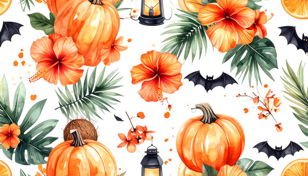 Seamless watercolor Halloween pattern with pumpkins, tropical leaves, bats and mushrooms for design.