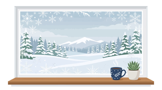 Winter window view vector illustration, cozy windowsill with coffee cup and plant, snowy landscape with pine trees and mountain background