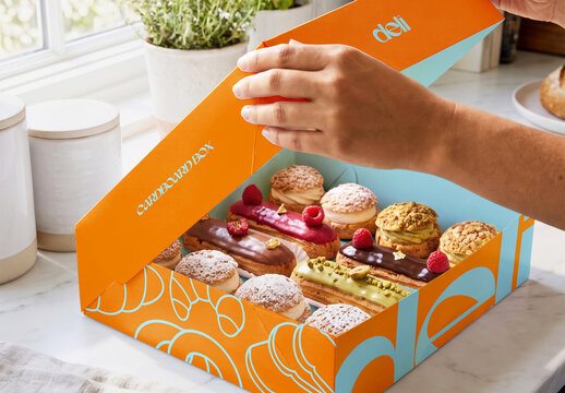 Hands Opening Pastry Box on Kitchen Counter Mockup