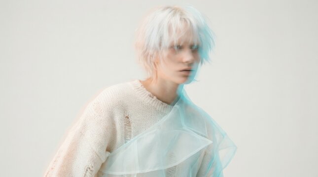 Androgynous person with very light hair rendered in soft white, peach and cyan motion blur against a pale background, experimental fashion portrait, barely defined facial features, smooth chromatic