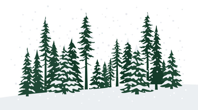 Winter pine tree forest landscape vector illustration, evergreen spruce woodland scene, minimalist Christmas nature background