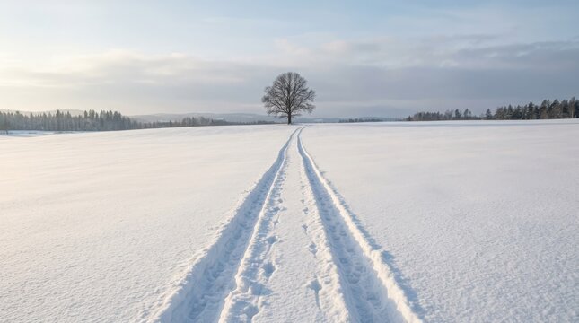 Parallel snow tracks leading toward a lone tree on a vast white field, minimalist winter photography, ivory, pale blue and muted gray palette, low-angle sunlight, delicate horizon with distant trees,