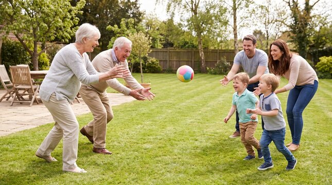 Multigenerational family playing catch with colorful ball in sunny backyard during weekend outdoor gathering activity