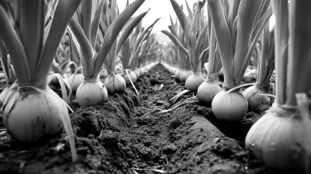 Monochrome Ground-Level View of Onion Rows in a Field
