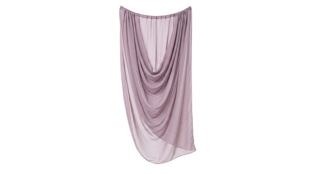 Sheer dusty purple draped fabric hanging against white with material background decoration