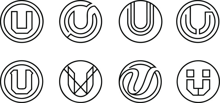 Initial letter U vector logo set with minimal black line circular monograms alphabet lettermarks and typography graphics