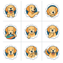 Obraz premium Cute golden retriever puppy vector characters showing various emotions through torn paper holes