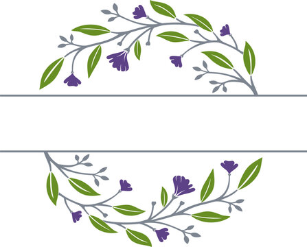 Elegant Botanical Floral Border with Green Leaves and Purple Flowers