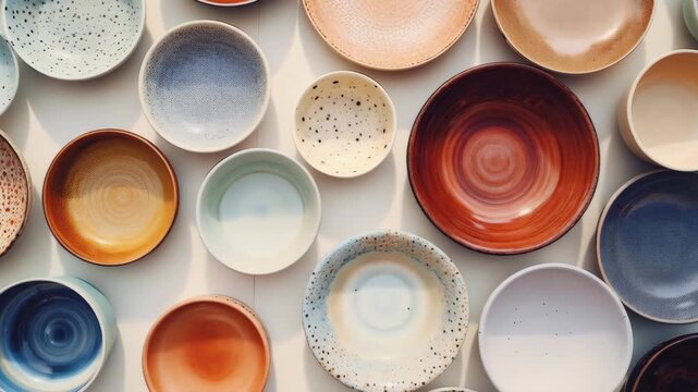 Top View of Artisan Handmade Ceramic Bowls and Plates