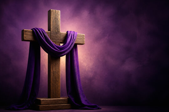 A wooden cross draped with purple cloth stands in a dimly lit, moody purple setting.