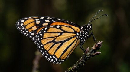 Obraz premium Macro photograph of an orange-and-black butterfly in side profile against a dark background, sharply detailed wing scales and antennae, soft bokeh, rich amber, white and black markings, wildlife,