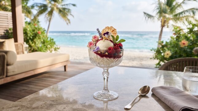 Colorful tropical cocktail with fresh fruit served poolside overlooking a beautiful ocean view