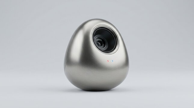Smooth metallic biomorphic device with a rounded teardrop body, circular recessed opening and subtle red-blue indicator accents, isolated on pale gray, premium industrial-design CGI, satin titanium