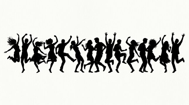 Row of energetic black dancing silhouettes on a clean white background, hand-painted brush illustration with varied poses, crisp negative space, dynamic horizontal rhythm and expressive community,