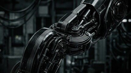 Fototapeta premium Close-up of a glossy black robotic mechanism with layered articulated parts and fine metallic ridges, cinematic macro CGI, monochrome palette, polished carbon-black surfaces, narrow highlights,