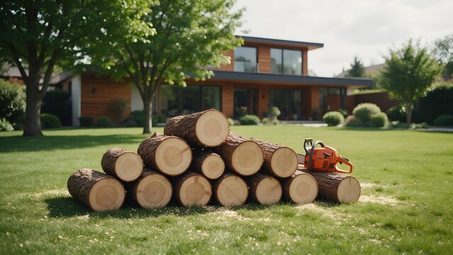 Stacked tree logs ready for cutting resting neatly on green residential backyard lawn next to powerful bright orange gasoline powered chainsaw tool outdoors