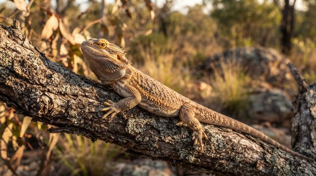 Bearded dragon lizard resting on a weathered tree branch