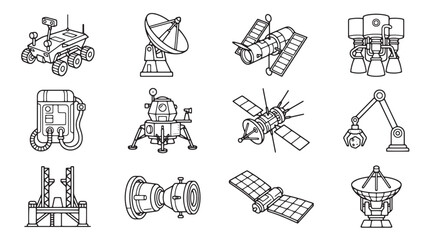 Space exploration vector line icons set featuring satellite rover rocket and telescope © Hbiba