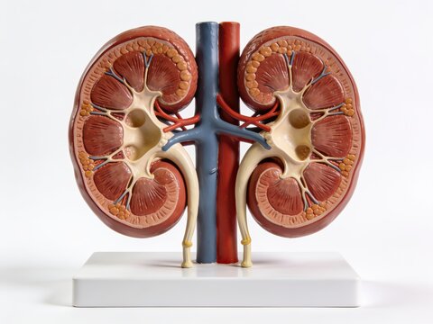 Human kidney sectional anatomical model showing renal cortex medulla calyces ureters vessels isolated on white background.