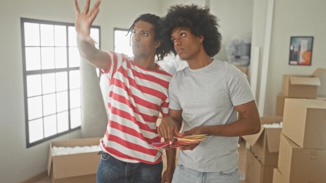 Two men holding color swatches and pointing with hand amid packed boxes and open cardboard crates inside a building; teamwork planning.
