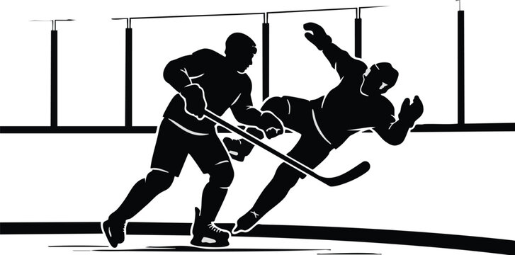 Hockey players colliding and falling on ice rink in dramatic silhouette illustration.
