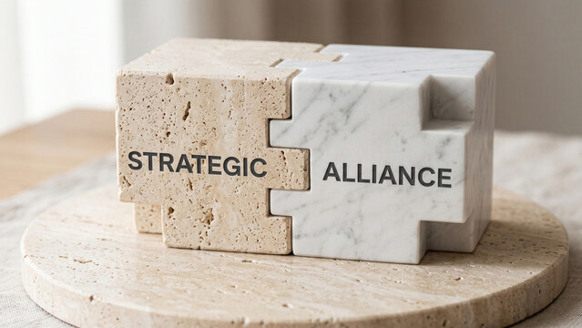 Strategic alliance concept represented by interlocking stone blocks with business partnership text