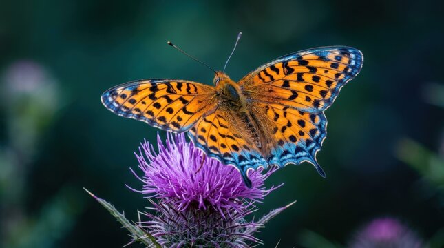 Orange-and-blue butterfly perched on a purple thistle flower, vibrant macro nature photography, dark teal background bokeh, crisp wing patterns, strong complementary colors, pollinator biodiversity