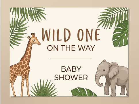 Wild one on the way baby shower invitation card vector illustration with safari animals, giraffe, elephant and tropical palm leaves. Cute jungle theme celebration party template.