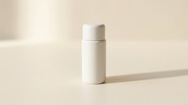 Small cylindrical white bottle standing alone on a pale cream surface, minimalist product photography, smooth matte packaging, subtle rounded cap, soft warm side light, long delicate shadow and modern