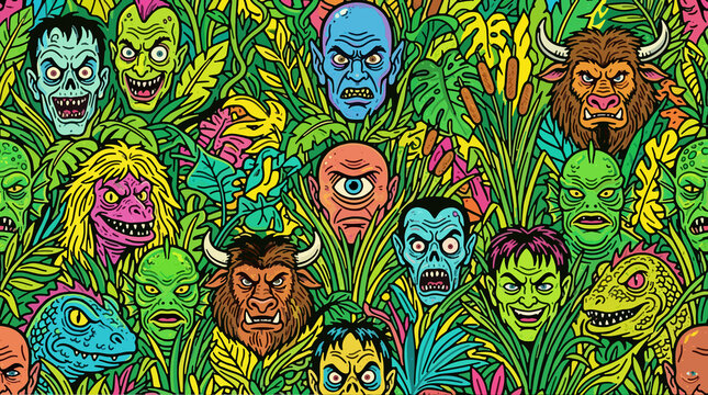 Green Halloween pattern with colorful faces