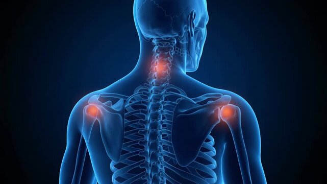 3d medical visualization showing joint pain in neck and shoulders