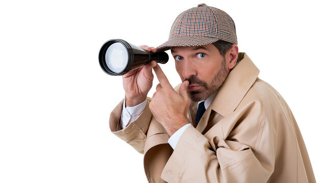 Detective in a beige trench coat and checkered deerstalker hat looking through a spyglass isolated on transparent background PNG element