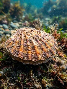 Live scallop shell resting on the sea floor with tiny bubbles and visible eyes underwater
