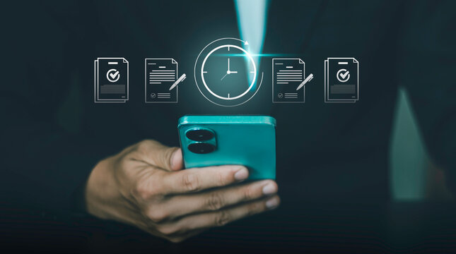 Digital document audit and time management, workflow, productivity, compliance, scheduling, and business administration. Smartphone with verified files and a clock.