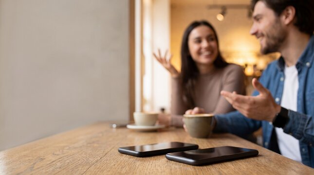 カフェでスマートフォンをテーブルに置き笑顔で会話を楽しむ若い男女のカップル   