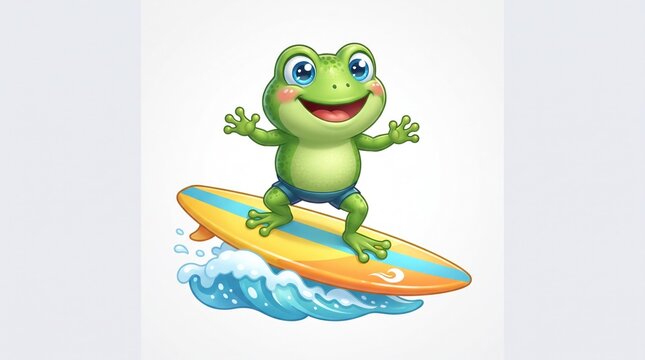 Happy cartoon frog surfing on a wave with a colorful surfboard illustration