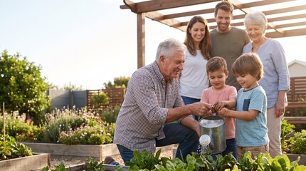 Obraz premium Multi generational family bonding together outdoors while grandfather teaches young grandsons how to water vibrant green plants in garden