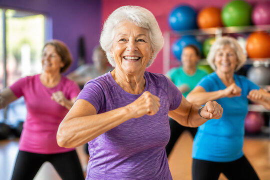 An older woman in a purple shirt is exercising with others in a brightly lit gym or fitness studio.