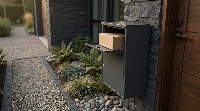 Modern residential entrance with a secure, grey parcel delivery box containing a package, highlighting contemporary home convenience and the evolving landscape of safe online shopping deliveries