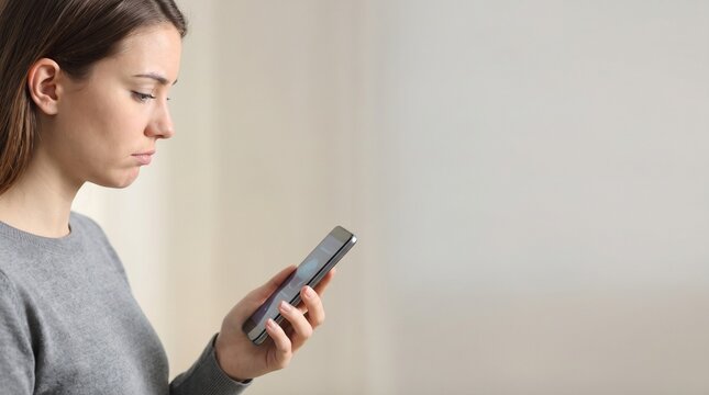 スマートフォンを見つめながら浮かない表情で悩みや連絡を待つ女性の横顔