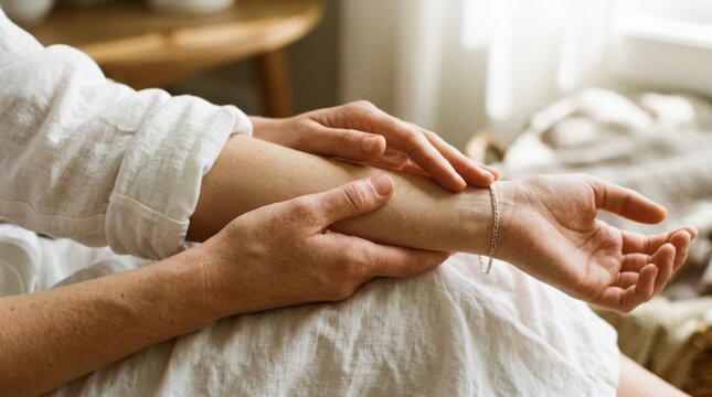 Close-up of hands gently holding a bare forearm over a soft white garment, intimate wellness and lifestyle photography, warm skin tones, silver bracelet, natural sunlight, subtle shadows, tactile