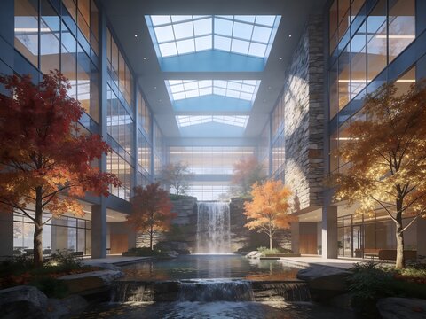 Modern corporate atrium interior featuring indoor autumn trees flowing water glass architecture and bright skylight