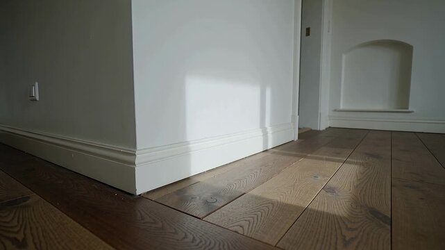 Shifting sunlight moving across corner and wooden floor at home, outlet visible as sun moving
