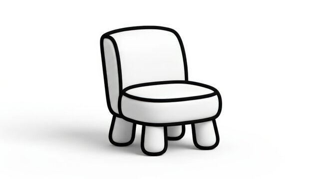 Cute minimalist chair icon with chunky black outline and white body, compact geometric proportions, isolated on a clean white background with soft shadow, playful 3D illustration, simple rounded